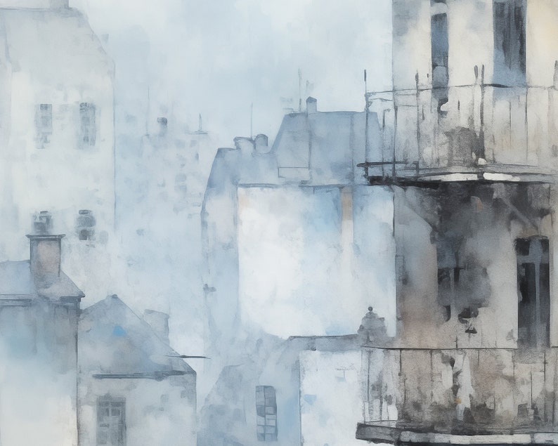 May include: A watercolor painting of a city scene with buildings and balconies. The buildings are painted in shades of blue and gray, and the sky is a light blue. The painting has a soft, dreamy feel.