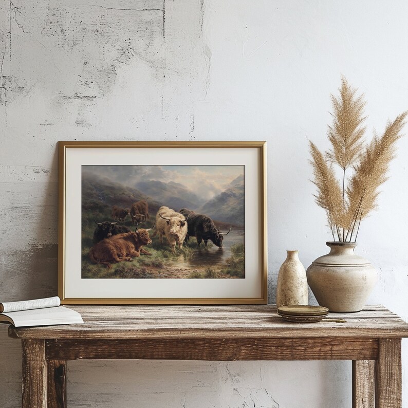 Highland Cow Painting, Scotland, Highland Cow Picture, Antique Oil Painting, Rustic Art, Instant Download, 19th Century Painting, Cow Art, William R C Watson, Scottish Highlands, Cow Painting, Vintage Art Print, Antique Landscape, Digital Download