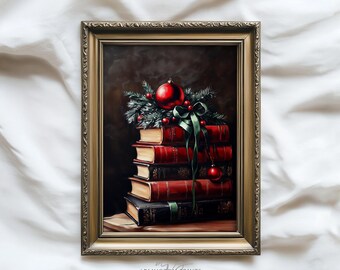 Christmas Books Art Print, Vintage Holiday Still Life, Red Ornament and Pine Decor, Cozy Winter Book Lover Printable Wall Art T51