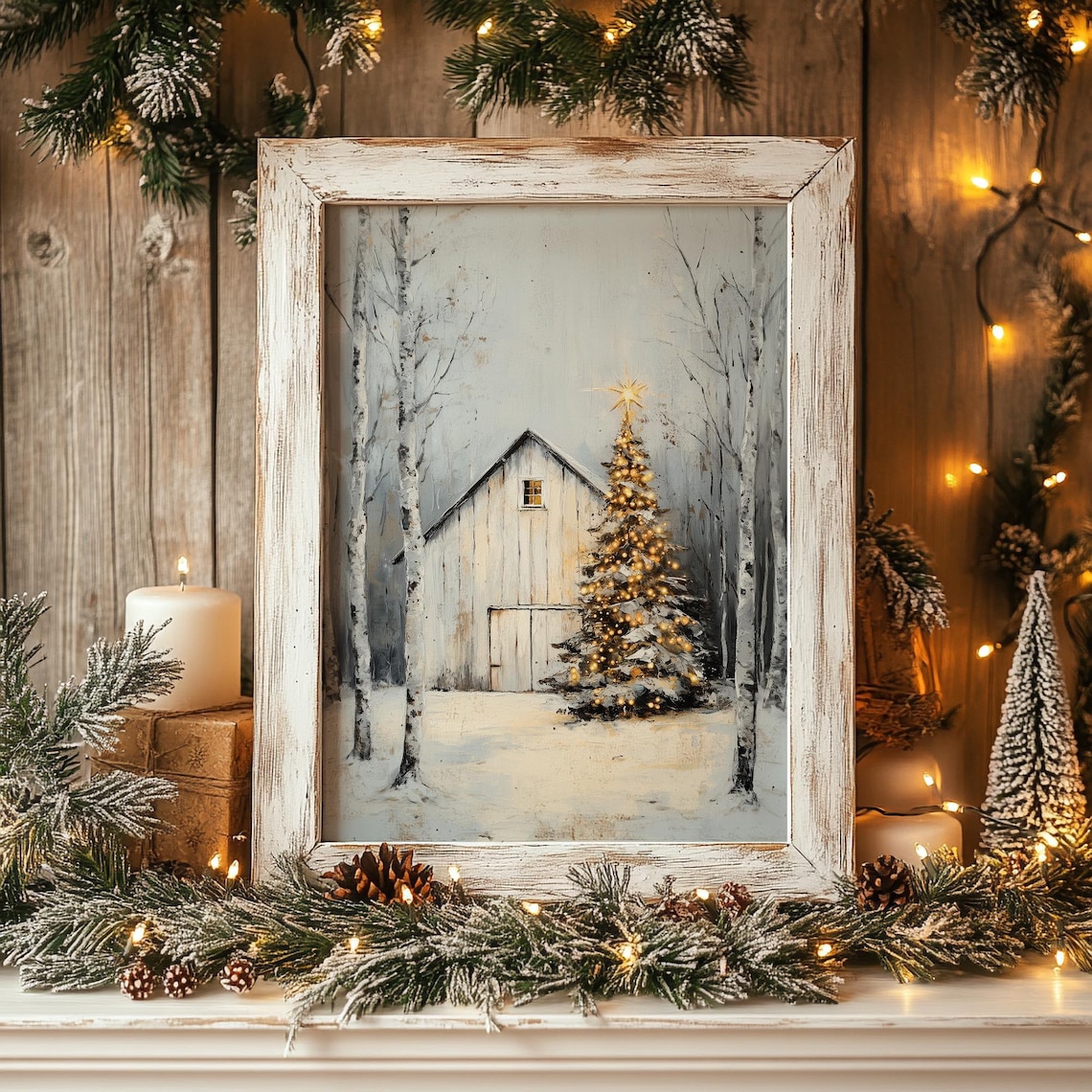 Vintage Rustic Christmas Barn Wall Art, PRINTABLE White Winter ...