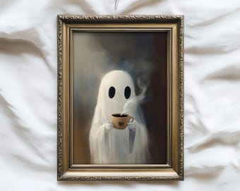 Cute Ghost Printable Halloween Art, Coffee Lover Ghost, Vintage Cottage Decor, Spooky Season Digital Poster, Halloween Print 9-05