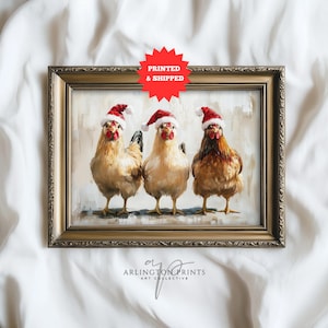 Whimsical Christmas chicken wall art print featuring three chickens in Santa hats, festive farmhouse holiday nursery decor, rustic and playful seasonal artwork