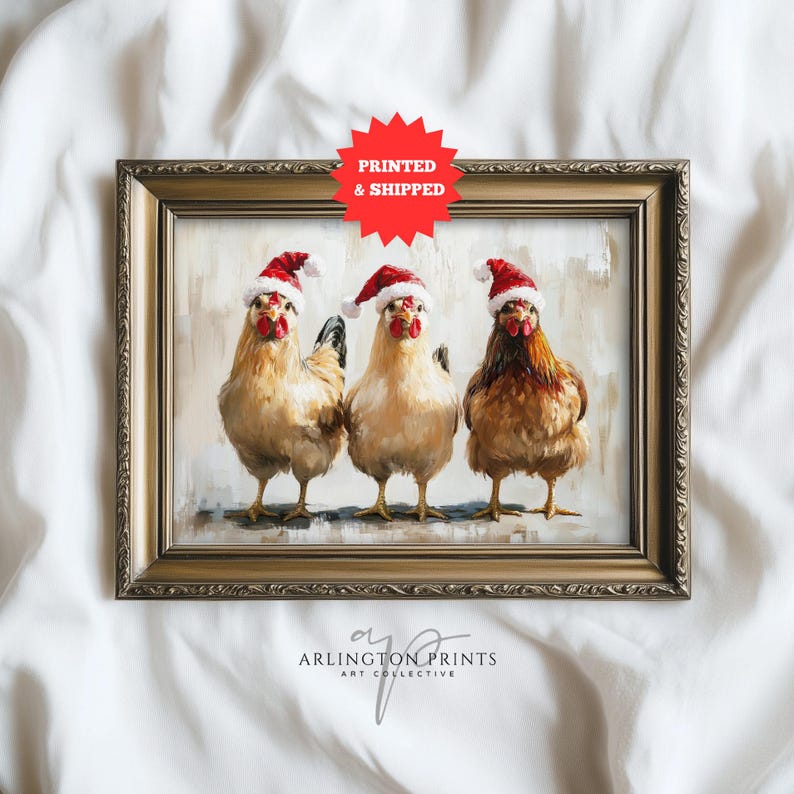 Whimsical Christmas chicken wall art print featuring three chickens in Santa hats, festive farmhouse holiday nursery decor, rustic and playful seasonal artwork