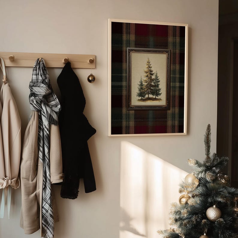 Vintage pine tree painting surrounded by a red, green, and gold tartan plaid border, rustic Christmas wall art for lodge or farmhouse holiday decor.