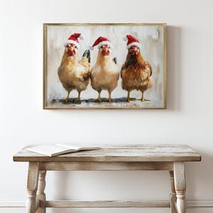 Whimsical Christmas chicken wall art print featuring three chickens in Santa hats, festive farmhouse holiday nursery decor, rustic and playful seasonal artwork