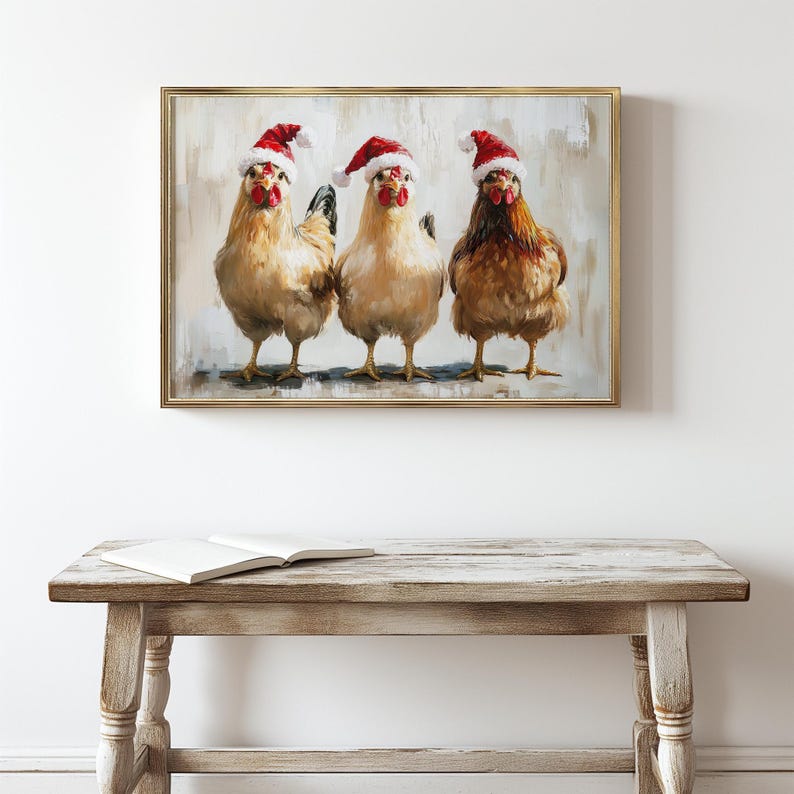 Whimsical Christmas chicken wall art print featuring three chickens in Santa hats, festive farmhouse holiday nursery decor, rustic and playful seasonal artwork
