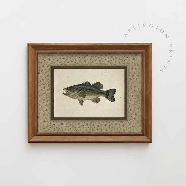 Arte mural vintage de lubina, regalo para el Día del Padre, decoración rústica de cabaña, impresión de pesca en una granja, descarga digital SK-7052