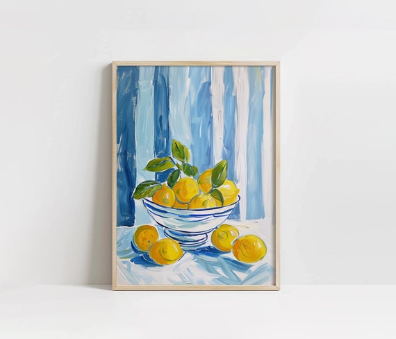 Trendy Blue Stripe Lemons Kitchen Art, PRINTABLE Fruit Kitchen Decor, Trendy Citrus Modern Wall Art, Abstract Kitchen Dining Wall Decor