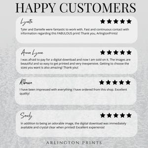 May include: A graphic with the text "HAPPY CUSTOMERS" at the top, followed by customer reviews with star ratings. The reviews are from Lynette, Anna Lynne, Rebena, and Sandy. The Arlington Prints logo is at the bottom.