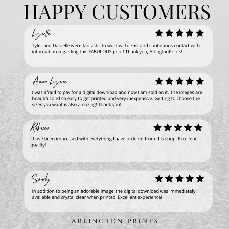 May include: A graphic with the text "HAPPY CUSTOMERS" at the top, followed by customer reviews with star ratings. The reviews are from Lynette, Anna Lynne, Rebena, and Sandy. The Arlington Prints logo is at the bottom.