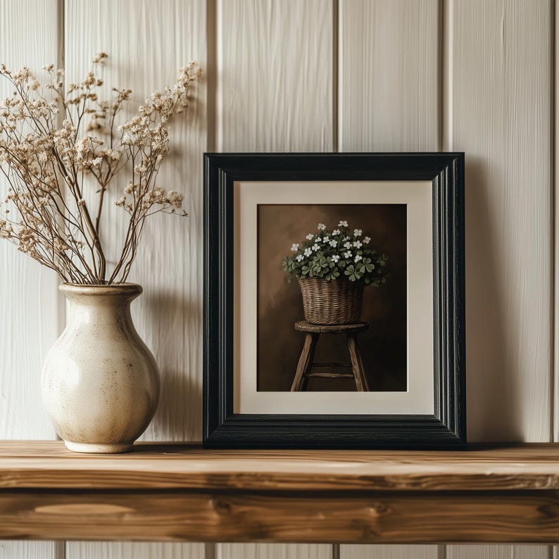 Moody Cottage Shamrock Basket Print, PRINTABLE St. Patrick's Day Art, Green Irish Decor, Lucky Clover Wall Art, Country Cottage Home Decor, Little White Flowers, Muted Spring, Green and Brown, Digital Download Art, Moody Rustic Saint Patricks Art
