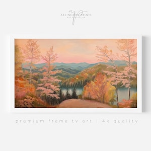 Samsung Frame TV Art, Pink Fall Landscape Painting, Autumn Forest Lake Landscape TV Art, Thanksgiving TV Art, Digital Download TV502
