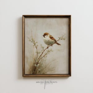 May include: A framed print featuring a detailed illustration of a small bird perched on a branch. The bird has brown and white feathers, and the artwork is set against a soft, neutral background. The frame is a warm, dark brown.