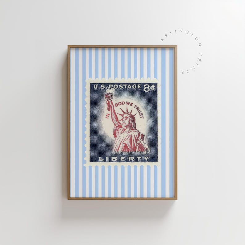 Vintage U.S. postage stamp wall art featuring the Statue of Liberty with patriotic colors and retro background, perfect for 4th of July or Americana decor.