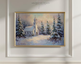 Scène d'hiver d'église enneigée imprimable – art de la chapelle de la forêt paisible, décoration rustique neutre 11-509