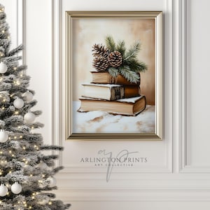 Classic Christmas Winter Home Art, PRINTABLE Book Stack Still Life Wall Art Print, Vintage Rustic Oil Painting, Bookish Decor | No. #405