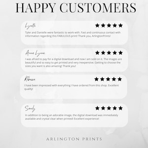 K&ouml;nnte beinhalten: Eine Kundenbewertungsgrafik mit dem Titel HAPPY CUSTOMERS, die vier Erfahrungsberichte mit F&uuml;nf-Sterne-Bewertungen zeigt. Jede Bewertung enth&auml;lt einen Namen in Schreibschrift und Text, der den digitalen Download-Service von Arlington Prints lobt.