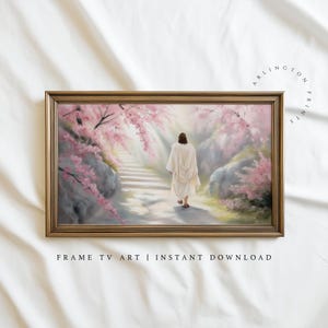 Frame TV art featuring Jesus Christ resurrected, walking up a path surrounded by glowing cherry blossom trees, in a soft pastel spring setting. Spiritual and serene Christian artwork designed for Samsung Frame TV, ideal for Easter and springtime décor.