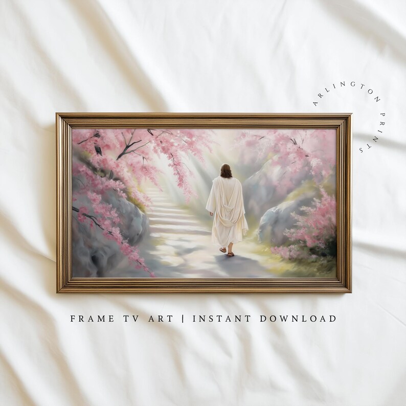 Frame TV art featuring Jesus Christ resurrected, walking up a path surrounded by glowing cherry blossom trees, in a soft pastel spring setting. Spiritual and serene Christian artwork designed for Samsung Frame TV, ideal for Easter and springtime décor.