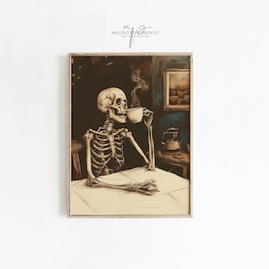 May include: A skeleton sits at a table, holding a cup of coffee and looking thoughtfully at the viewer. The scene is rendered in a vintage style with muted colors and a warm, inviting atmosphere.