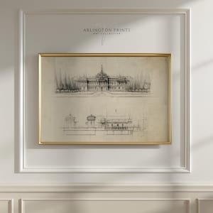 Könnte beinhalten: Gerahmter Architektur-Druck mit einer detaillierten Skizze eines Gebäudes mit Kuppeldach und Bäumen. Der Druck befindet sich in einem goldenen Rahmen und trägt die Aufschrift "ARLINGTON PRINTS ART COLLECTIVE". Das Kunstwerk wird an einer weißen Wand ausgestellt.