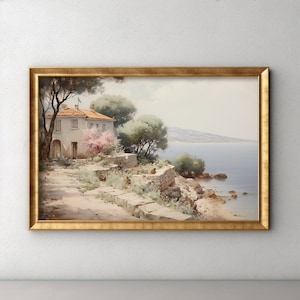 Vintage Cottage Painting, Corfu, Greece, Mediterranean, Oil Painting, Digital Download, Spring Home Decor