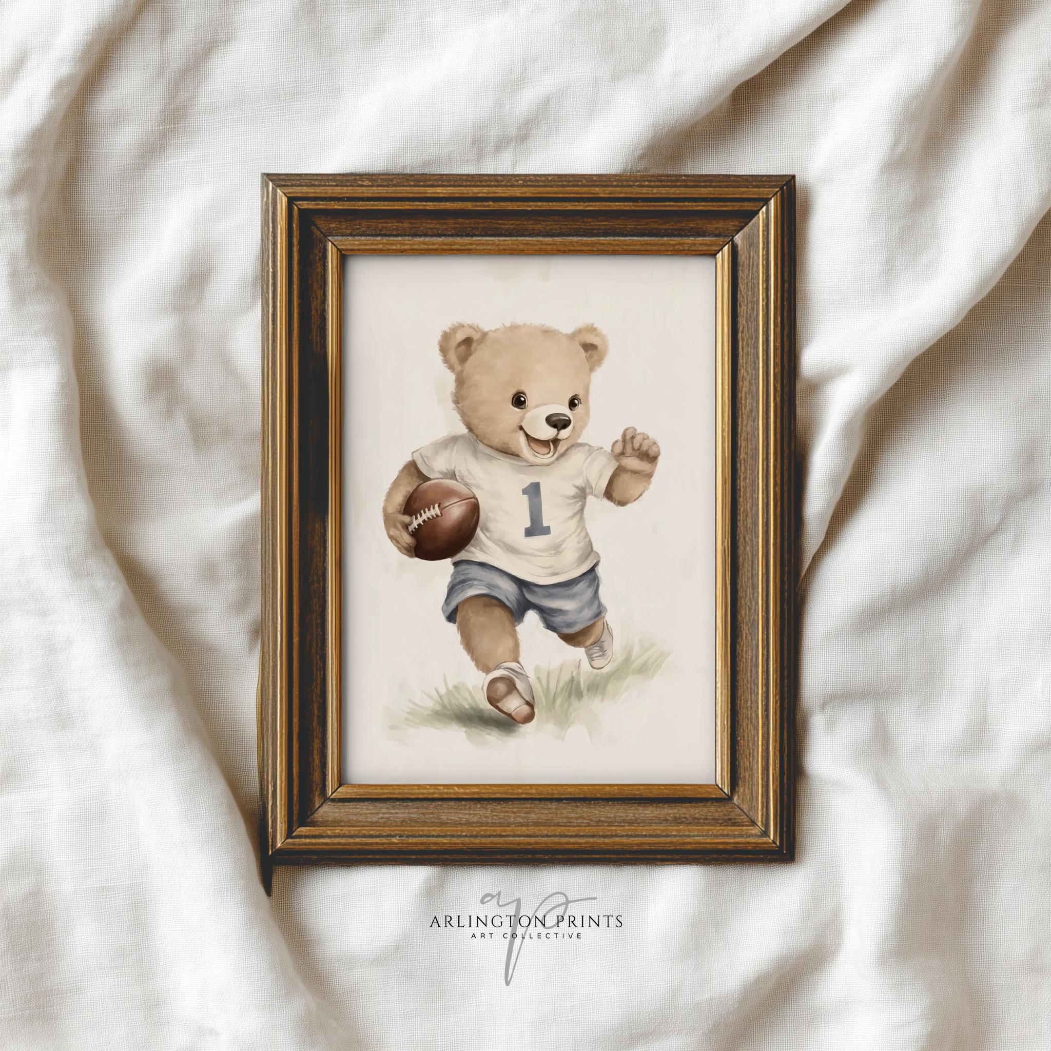 Football Bear Nursery Wall Art, Boys Sports Room Decor, Neutral