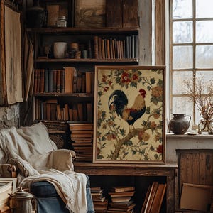 Vintage-style digital art of a colorful rooster perched on a branch surrounded by rustic floral illustrations, ideal for farmhouse kitchen decor.