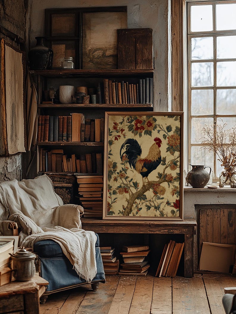 Vintage-style digital art of a colorful rooster perched on a branch surrounded by rustic floral illustrations, ideal for farmhouse kitchen decor.