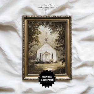 Little Country Church Painting, Rustic Chapel Wall Art, Vintage Countryside Decor, White Church Steeple Print, Giclée Paper