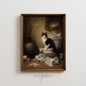 Funny Black Cat Bathroom Art Print Vintage Toilet Paper Cat Painting Humorous Pet Wall Decor (DIGITAL Download) p293