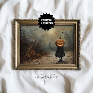 Halloween Pumpkin Head Art, Vintage Spooky Wall Decor, PRINTED AND SHIPPED, Gothic Jack O Lantern Print, Haunted Autumn Home Artwork 17-9