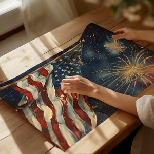 4th of July Vintage Wall Art, Printable American Flag and Fireworks Print