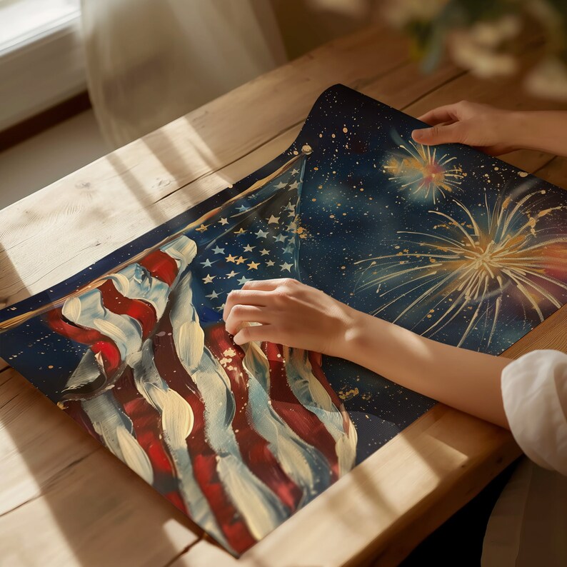 4th of July Vintage Wall Art, Printable American Flag and Fireworks Print