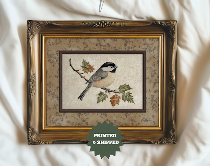 Vintage Bird Painting, PRINTED AND SHIPPED, Botanical Cottagecore Decor with Floral Border, Rustic Nature-Inspired Artwork