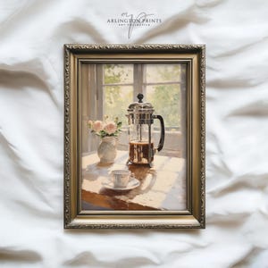 Rustic Coffee Bar Wall Art, Vintage French Press Still Life Printable, Farmhouse Kitchen Dining Digital Download