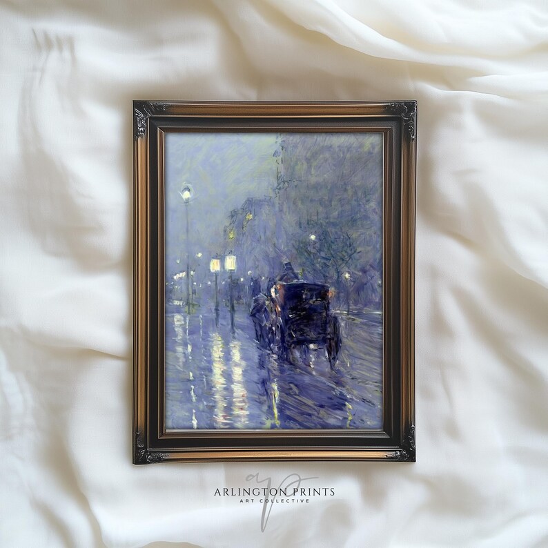 Moody Blue Vintage Night Cityscape Painting, PRINTABLE Rainy Midnight
