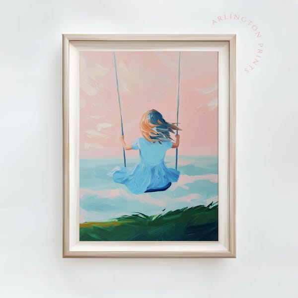 Flicka på en gunga-målning, utskrivbar väggkonst för litet barn, rosa flickigt barnrum, porträttmålning, färgglatt lekrum, digital nedladdning S95