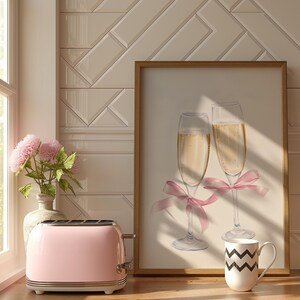 Pastel Champagne Wall Art, Cheers Glasses Print, Coquette Aesthetic, Bar Cart Decor, Trendy Printable Art, Pink Ribbon Bow, Digital Print, Food and Drink, Wine Glass Art, Wedding Decor, Soft Girly Colors, Minimalist, Champagne Glasses, Downloadable
