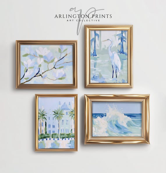 Coastal Cottage Wall Art Set, Blue Southern Beach Prints, Heron, Magnolia, Ocean Decor, Grandmilennial Gallery, #D124