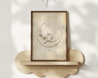 Cute Sheep Sleeping on Moon Print, Vintage Nursery Print, Lamb Nursery Decor, Whimsical Animal Nursery Art, Farmhouse Nursery Art | TA101