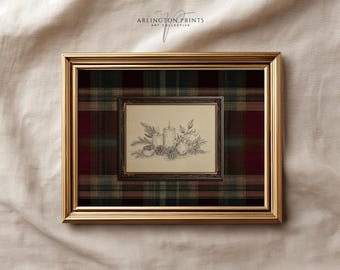 Plaid Christmas Candle Print, Vintage Holiday Wall Art, Rustic Farmhouse Christmas Decor, T148
