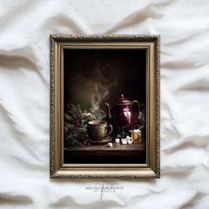 Vintage Christmas still life painting of a steaming cup of cocoa beside a red teapot, surrounded by pine, berries, and marshmallows, cozy rustic holiday kitchen art, printable winter drink wall decor, © Arlington Prints