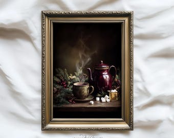 Impresión vintage de chocolate caliente, arte navideño para la cocina, decoración rústica de pared con bebida invernal, acogedora obra de arte de chocolate caliente T91