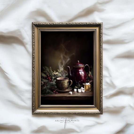 Vintage Hot Cocoa Print, Christmas Holiday Kitchen Art, Rustic Winter Drink Wall Decor, Cozy Hot Chocolate Artwork T91