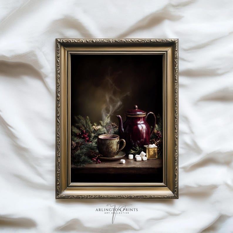 Vintage Christmas still life painting of a steaming cup of cocoa beside a red teapot, surrounded by pine, berries, and marshmallows, cozy rustic holiday kitchen art, printable winter drink wall decor, © Arlington Prints