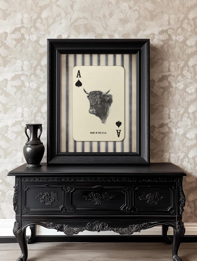 Downloadable western wall art featuring a black bull head inside an Ace of Spades playing card with “Made in the U.S.A.” text, styled with vintage country charm.