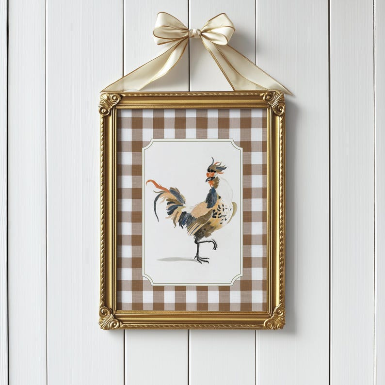 Vintage Chicken Kitchen Art, PRINTABLE Gingham Farmhouse Kitchen Decor ...