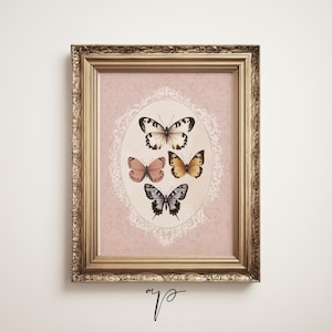 Roze vlinder Art Print, decor meisje kinderkamer, afdrukbare vlinders kunst aan de muur, antieke meisjes kamer decor, vintage badkamer muur kunst T5914
