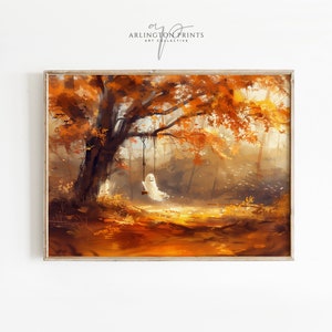 Niedlicher Geist auf Schaukel Print | Stimmungsvolle Herbstwandkunst | Dark Cottagecore Druck | Dark Academia | Halloween-Wand-Kunst | Viktorianische Gotische Kunst